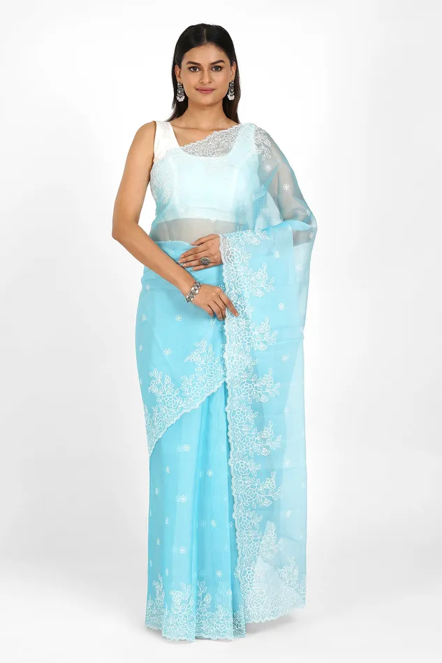 Teejh Vrishti Embroidered Organza Saree Teejh Earrings