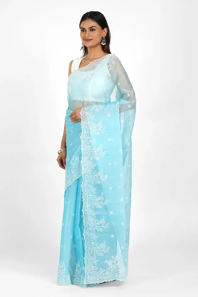 Teejh Vrishti Embroidered Organza Saree Teejh Earrings