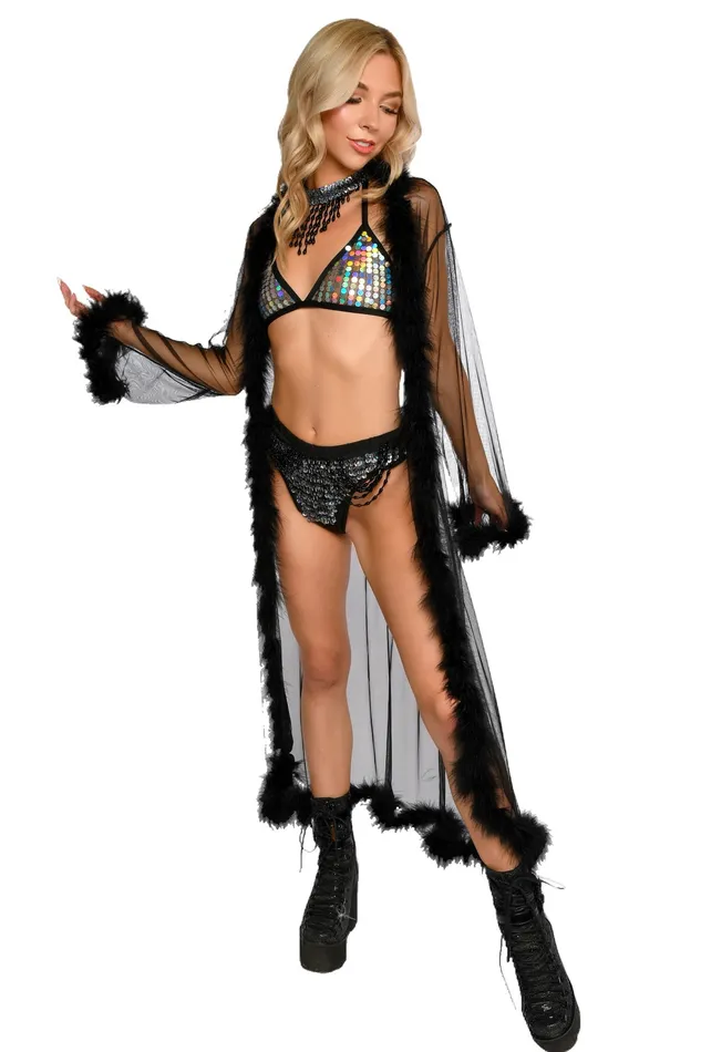 THE LUMI SHOP Rings Fuzzy Long Kimono Sheer Black