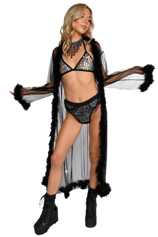 THE LUMI SHOP Rings Fuzzy Long Kimono Sheer Black