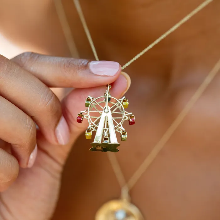 Vintage Earrings Austrian Large Ferris Wheel 14k Gold and Enamel Charm