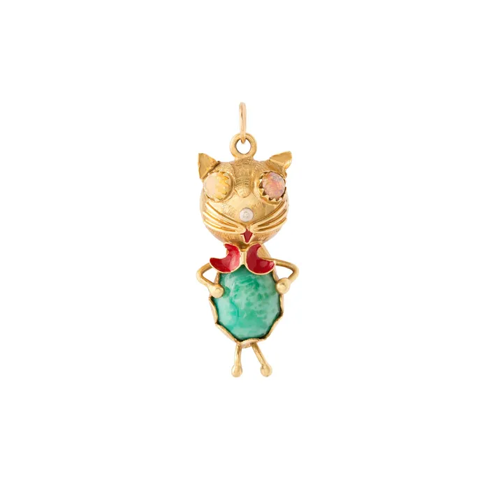 Vintage Earrings Italian Glass Stone and 18K Gold Cat Charm