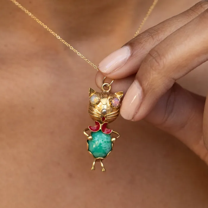 Vintage Earrings Italian Glass Stone and 18K Gold Cat Charm