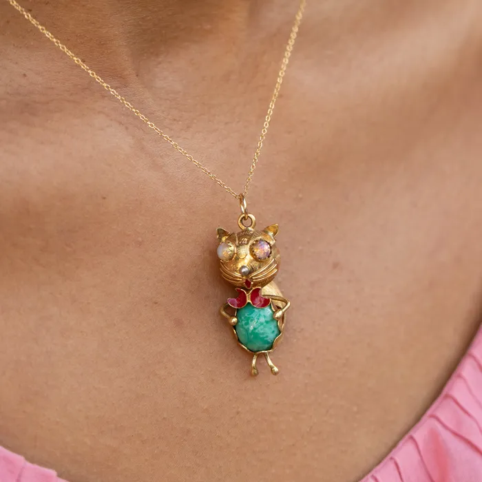 Vintage Earrings Italian Glass Stone and 18K Gold Cat Charm