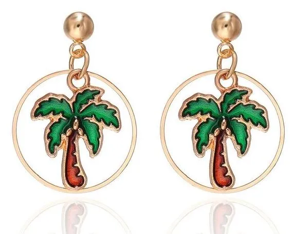 01 Earrings E846 Gold Baked Enamel Palm Tree in Hoop Earrings