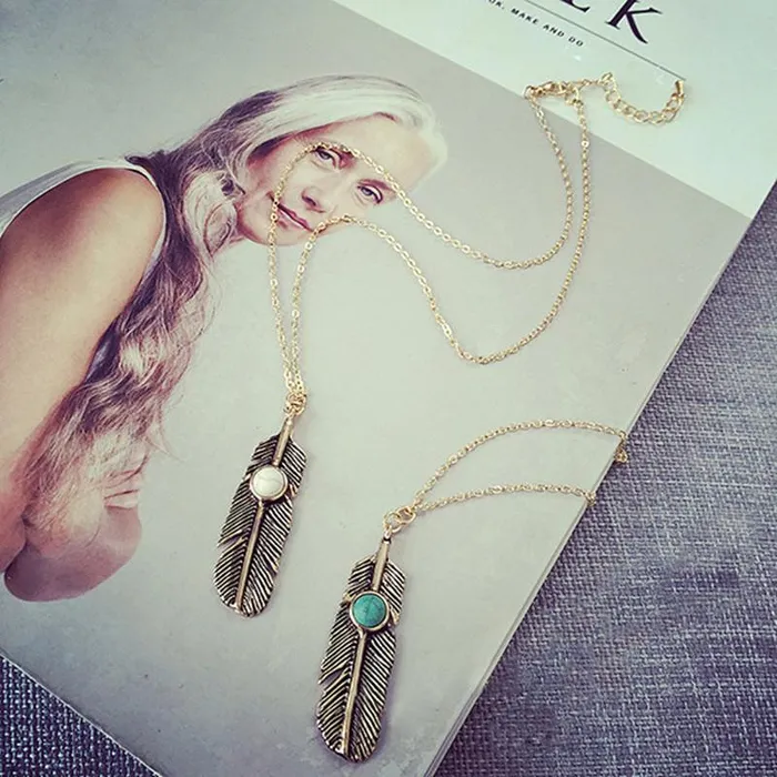 01 N1414 Gold Feather Blue Crackle Stone Necklace with FREE Earrings Necklaces