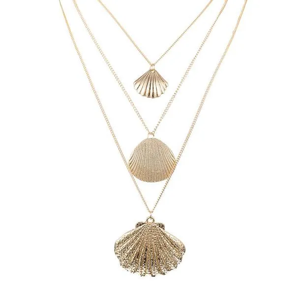 01 N203 Gold Long Chain 3 Layer Shell Necklace with Free Earrings Necklaces