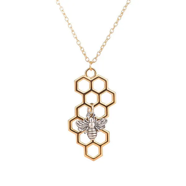 01 Necklaces N1548 Gold Honeycomb Silver Bee Necklace With FREE Earrings