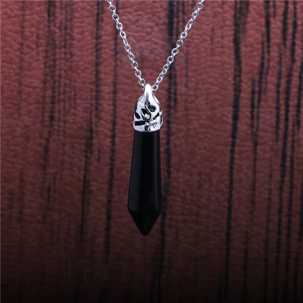 01 Necklaces N2213 Silver Black Natural Stone Necklace FREE Earrings
