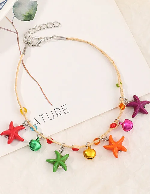 02 Bracelets B1211 Silver Woven Multi Color Starfish Jingle Bell Bracelet