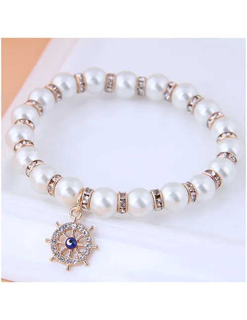 02 Bracelets B1257 Ship Wheel Pearl Rhinestone Bead Bracelet
