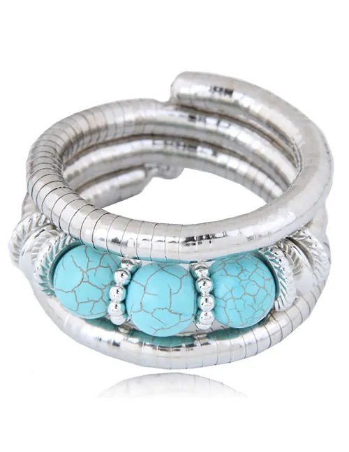 02 Bracelets B176 Turquoise Silver 3 Bead Crackle Bracelet