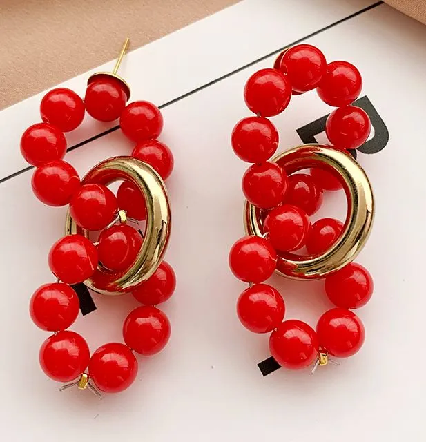 02 E518 Gold Red Bead Multi Circle Earrings Earrings