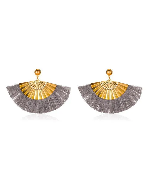 02 Earrings E1222 Large Gold Fan Gray Tassel Earrings