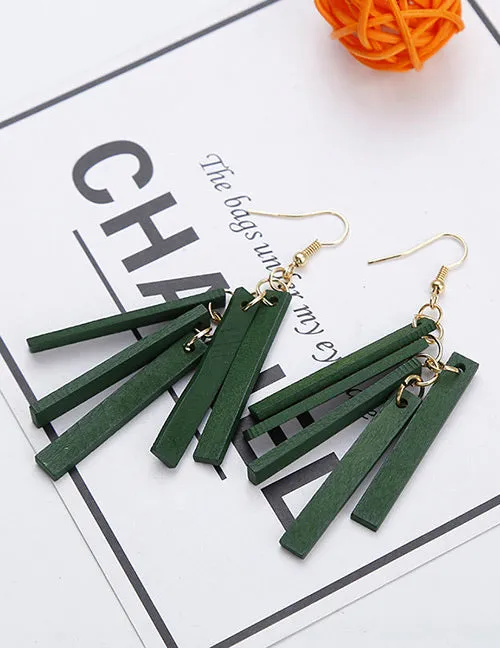 02 Earrings E1422 Green Wooden Tassel Earrings