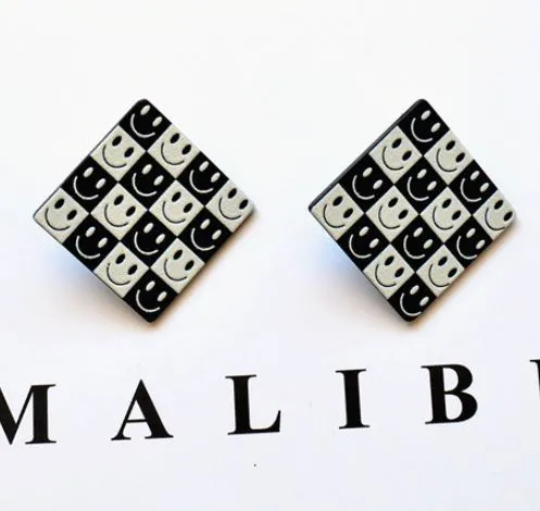 02 Earrings E1728 Black White Checkered Smiley Face Acrylic Earrings