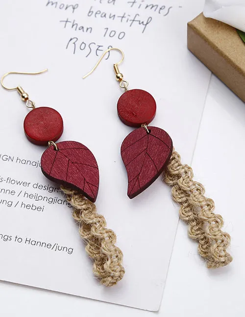 02 Earrings E1733 Gold Red Wooden Leaf Fabric Accent Earrings
