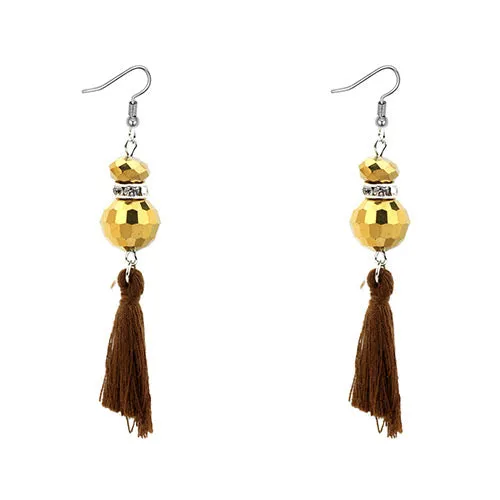 02 Earrings E325 Brown Bead with Gems Tassel Earrings
