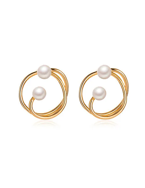 02 Earrings E397 Gold Knotted Circle with Pearls Earrings