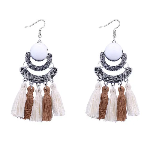 02 Earrings E697 Silver White Gemstone Brown White Tassel Earrings