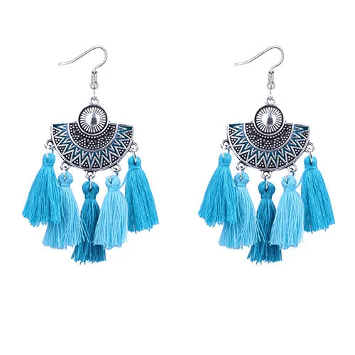 02 Earrings E957 Silver Turquoise Blue Tassel Earrings