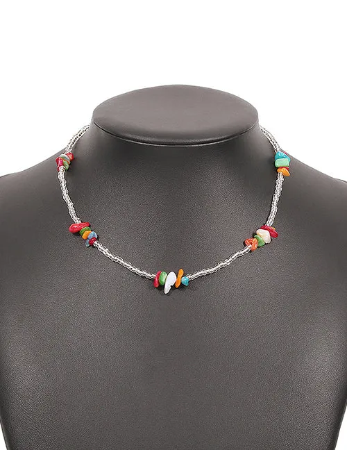 02 Necklaces N1012 Clear Seed Bead Multi Color Stone Necklace with FREE Earrings