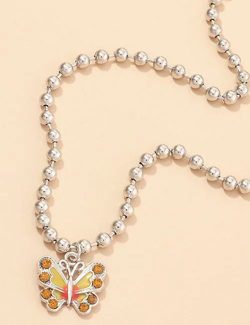 02 Necklaces N1238 Silver Ball Chain Yellow Orange Butterfly with Rhinestones Necklace with Free Earrings 02 Necklaces N1238 Silver Ball Chain Yellow Orange Butterfly with Rhinestones Necklace with Free Earrings