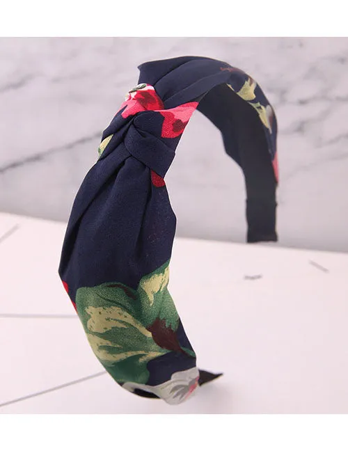 02 Rings H388 Navy Blue Floral Fabric Covered Head Band