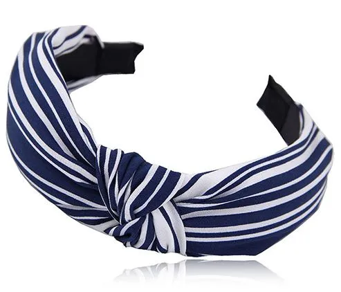 02 Rings H428 Navy Blue White Stripe Fabric Covered Head Band