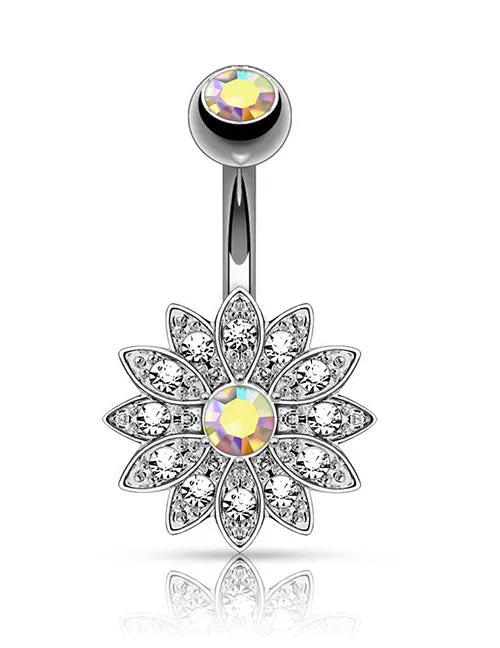 02 Rings P118 Silver Crystal Iridescent Center Rhinestone Flower Belly Button Ring 02 Rings P118 Silver Crystal Iridescent Center Rhinestone Flower Belly Button Ring