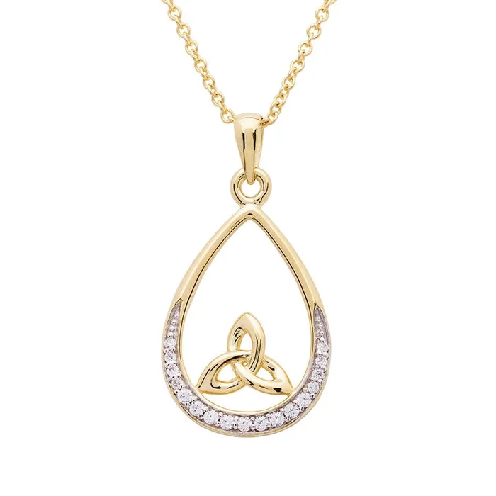 14KT Gold Vermeil Tear Drop Trinity Knot Pendant Studded With Cubic Zirconias Shanore Necklaces