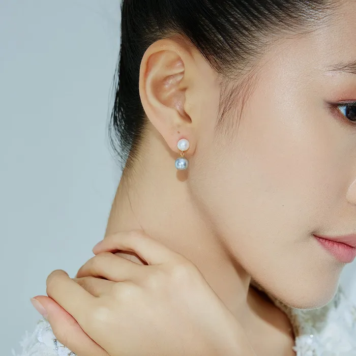 18K Gold Silver Blue Akoya Pearl Earrings KE00221 HARMONY Pearly Lustre Earrings