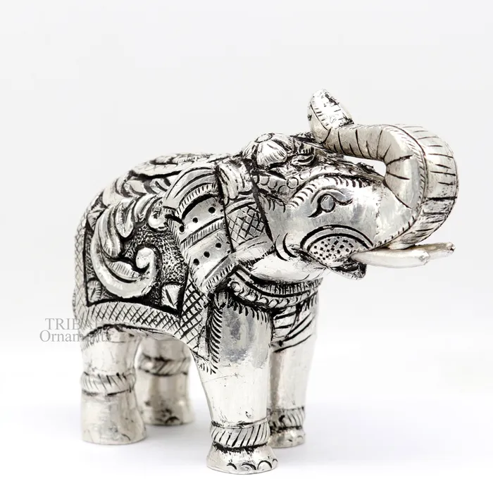 4 999 fine silver Nakshi work design wooden base upper trunk Elephant statue puja article figurine home wealth and prosperity art530 TRIBAL ORNAMENTS Necklaces