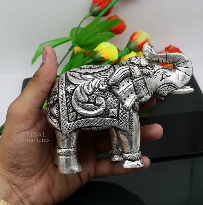 4 999 fine silver Nakshi work design wooden base upper trunk Elephant statue puja article figurine home wealth and prosperity art530 TRIBAL ORNAMENTS Necklaces