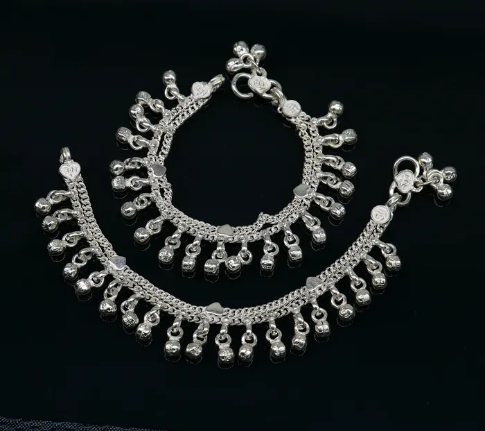 55 long Sterling silver customized baby anklets stunning hanging waved jingling bells charming noisy ankle bracelet kids jewelry ank411 TRIBAL ORNAMENTS Bracelets