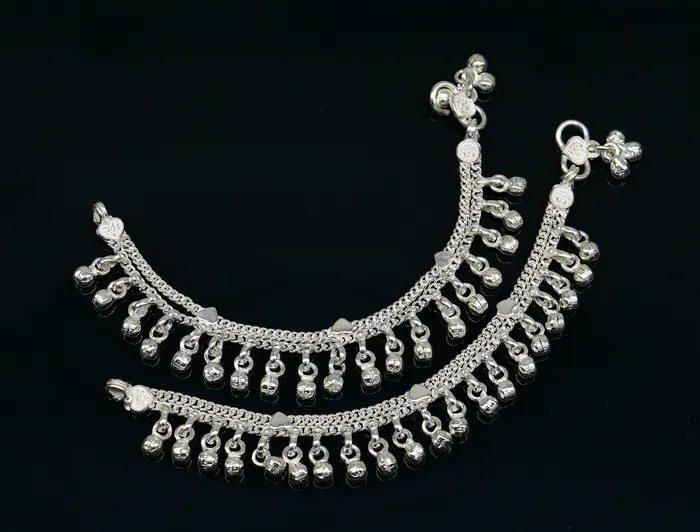 55 long Sterling silver customized baby anklets stunning hanging waved jingling bells charming noisy ankle bracelet kids jewelry ank411 TRIBAL ORNAMENTS Bracelets