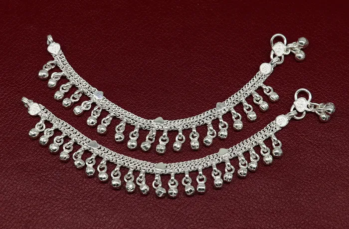 55 long Sterling silver customized baby anklets stunning hanging waved jingling bells charming noisy ankle bracelet kids jewelry ank411 TRIBAL ORNAMENTS Bracelets