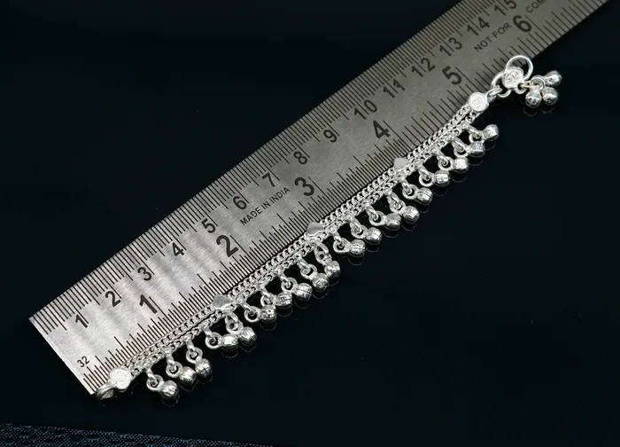 55 long Sterling silver customized baby anklets stunning hanging waved jingling bells charming noisy ankle bracelet kids jewelry ank411 TRIBAL ORNAMENTS Bracelets