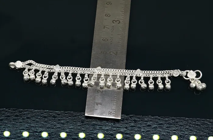 55 long Sterling silver customized baby anklets stunning hanging waved jingling bells charming noisy ankle bracelet kids jewelry ank411 TRIBAL ORNAMENTS Bracelets