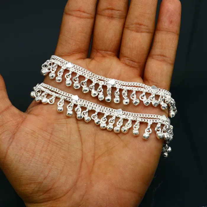 55 long Sterling silver customized baby anklets stunning hanging waved jingling bells charming noisy ankle bracelet kids jewelry ank411 TRIBAL ORNAMENTS Bracelets