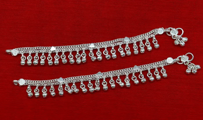 55 long Sterling silver customized baby anklets stunning hanging waved jingling bells charming noisy ankle bracelet kids jewelry ank411 TRIBAL ORNAMENTS Bracelets