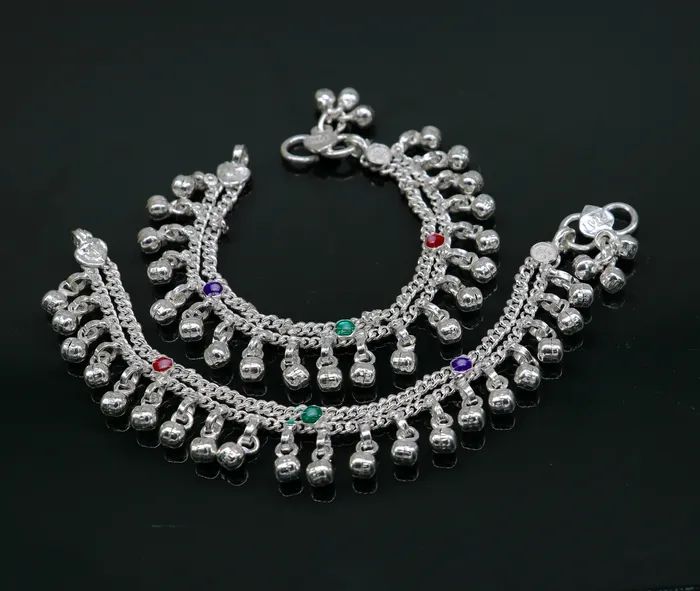 55 solid sterling silver handmade waved hanging drops anklets baby ankle bracelet gifting noisy anklets kids jewelry from India ank313 TRIBAL ORNAMENTS Bracelets
