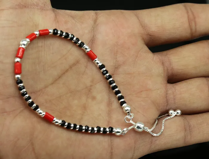 7 inches long handmade 925 sterling silver fabulous silver beads black and red beads stone charm adjustable customized bracelet sbr167 TRIBAL ORNAMENTS Bracelets