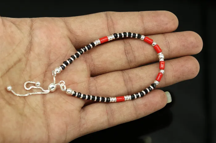 7 inches long handmade 925 sterling silver fabulous silver beads black and red beads stone charm adjustable customized bracelet sbr167 TRIBAL ORNAMENTS Bracelets