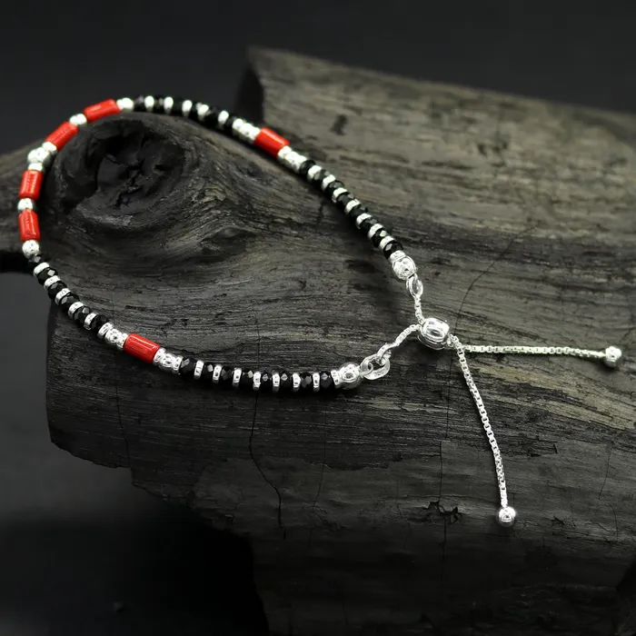 7 inches long handmade 925 sterling silver fabulous silver beads black and red beads stone charm adjustable customized bracelet sbr167 TRIBAL ORNAMENTS Bracelets