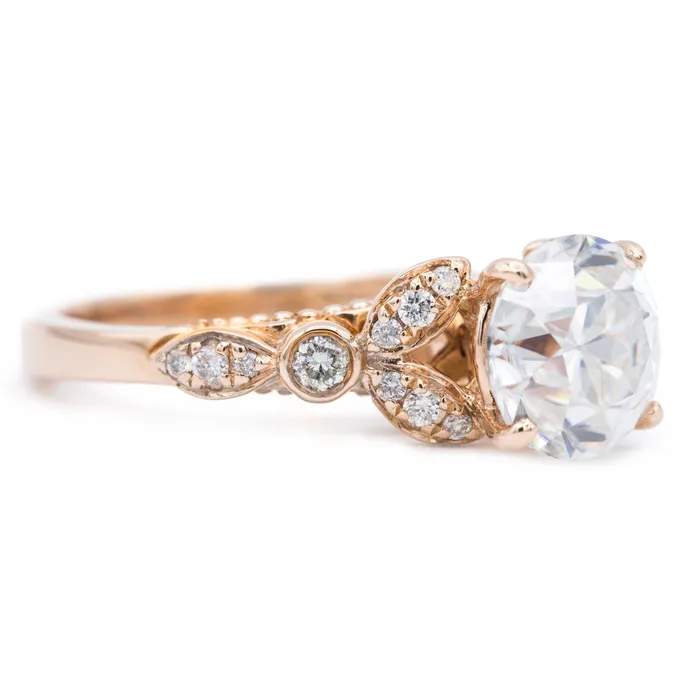 8mm Round OEC Heirloom Moissanite 14K Rose Gold Half Bead Shank and Diamond Bezel Side Ring Fire Brilliance Rings 8mm Round OEC Heirloom Moissanite 14K Rose Gold Half Bead Shank and Diamond Bezel Side Ring Fire Brilliance Rings