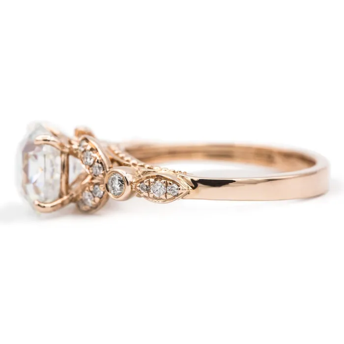 8mm Round OEC Heirloom Moissanite 14K Rose Gold Half Bead Shank and Diamond Bezel Side Ring Fire Brilliance Rings