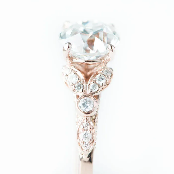 8mm Round OEC Heirloom Moissanite 14K Rose Gold Half Bead Shank and Diamond Bezel Side Ring Fire Brilliance Rings