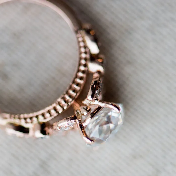 8mm Round OEC Heirloom Moissanite 14K Rose Gold Half Bead Shank and Diamond Bezel Side Ring Fire Brilliance Rings