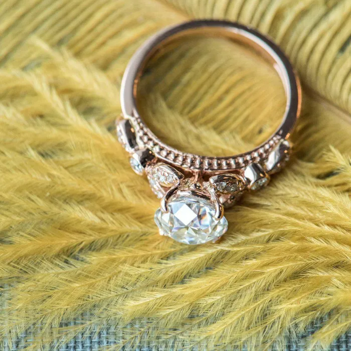 8mm Round OEC Heirloom Moissanite 14K Rose Gold Half Bead Shank and Diamond Bezel Side Ring Fire Brilliance Rings